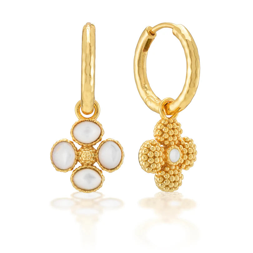 Mother of Pearl Clover Hoop Earrings with Double Sided Charm