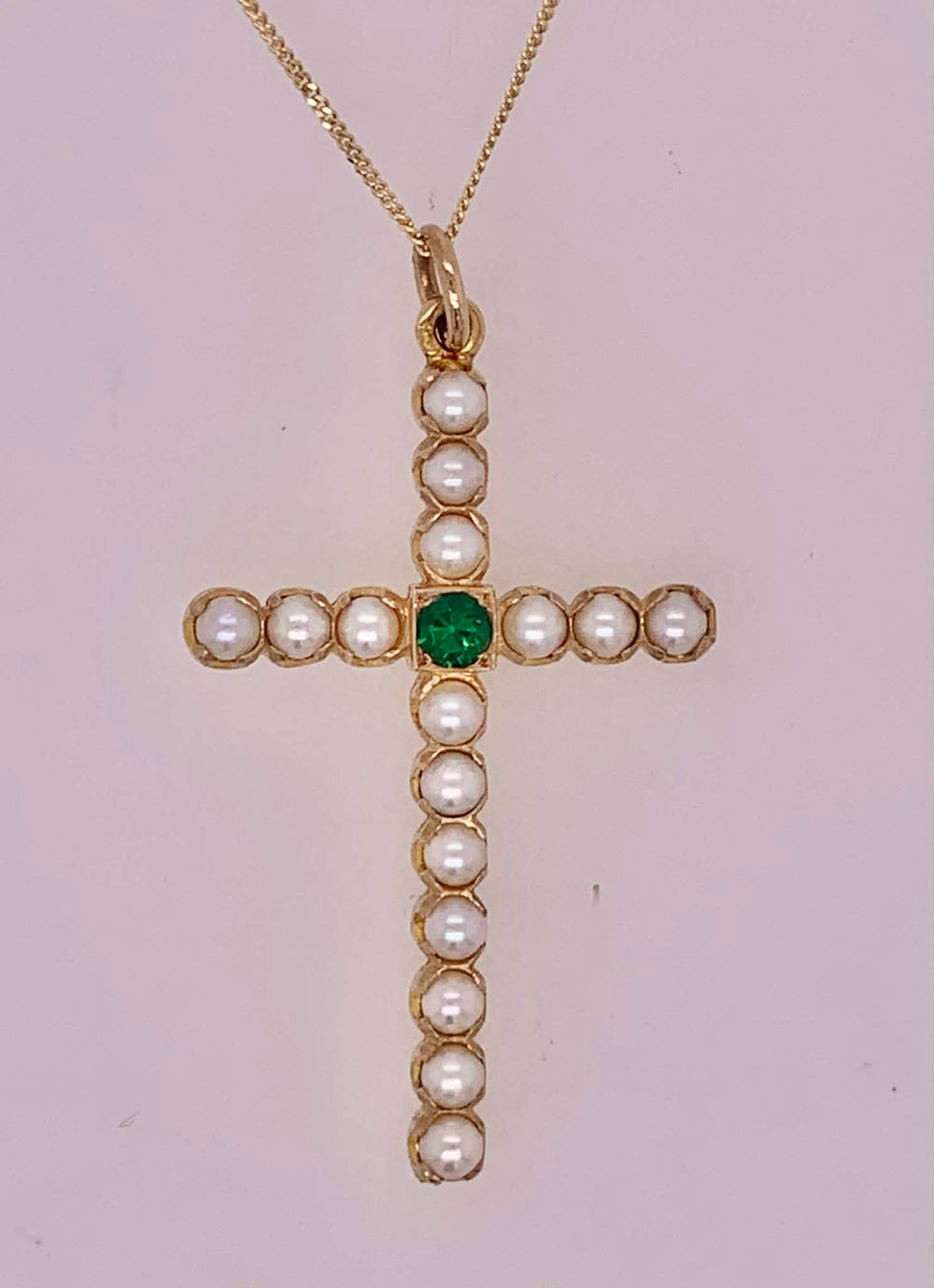 Estate 14K Gold Emerald & Pearl Cross Pendant