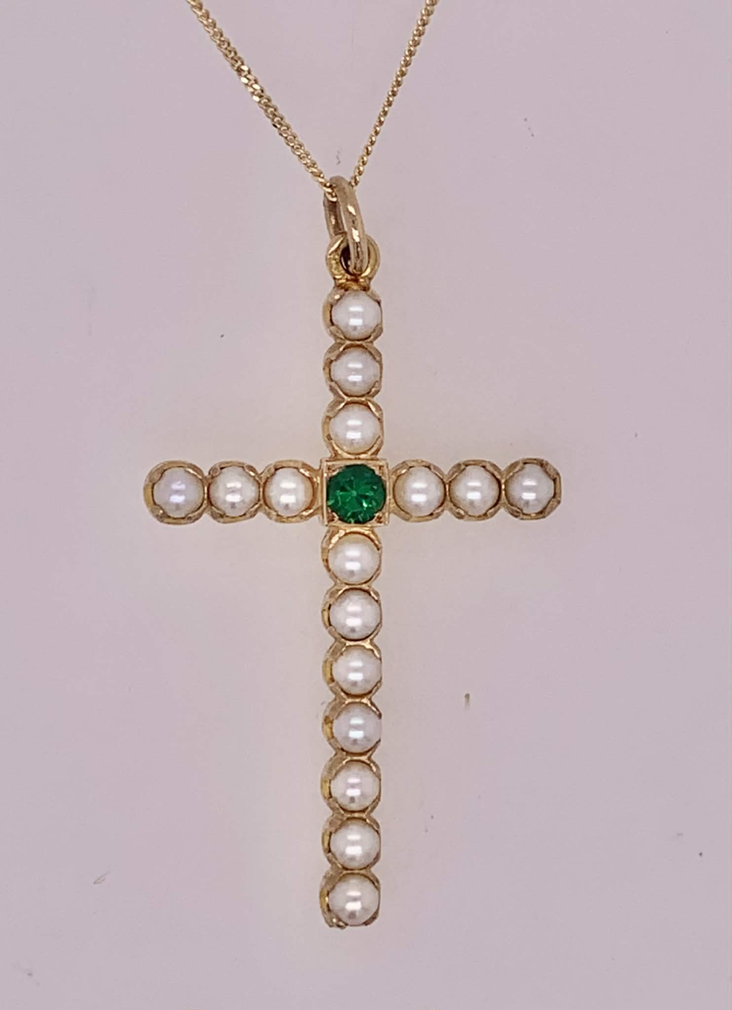 Estate 14K Gold Emerald & Pearl Cross Pendant
