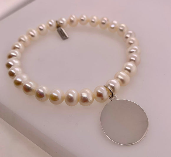 Freshwater Pearl Stretch Bracelet with Engravable Disc