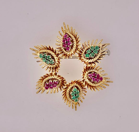18k Estate Emerald and Ruby Brooch