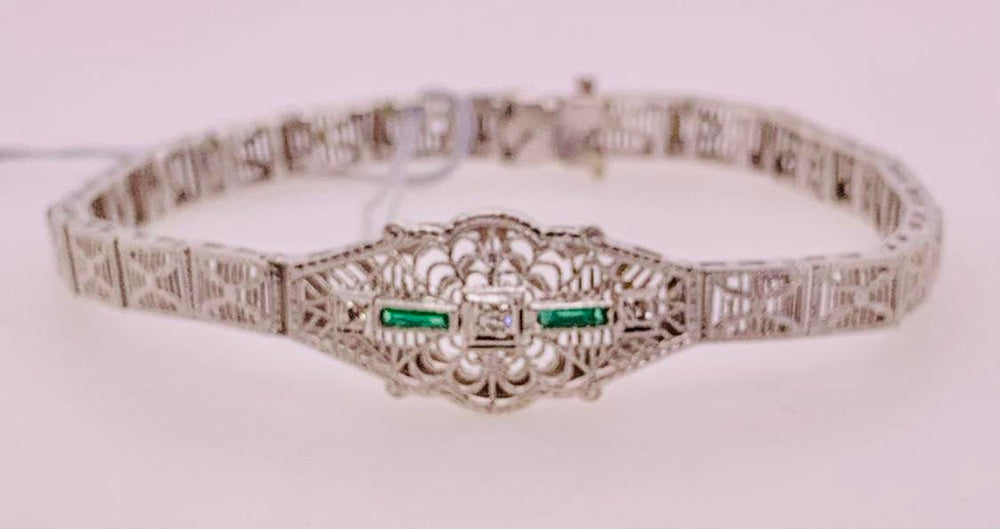 Estate Emerald and Diamond Filigree Bracelet
