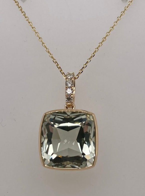 14K Gold Diamond & Green Amethyst Pendant