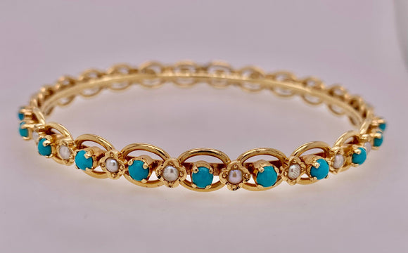 Estate 14K Gold Turquoise & Pearl Bangle Bracelet
