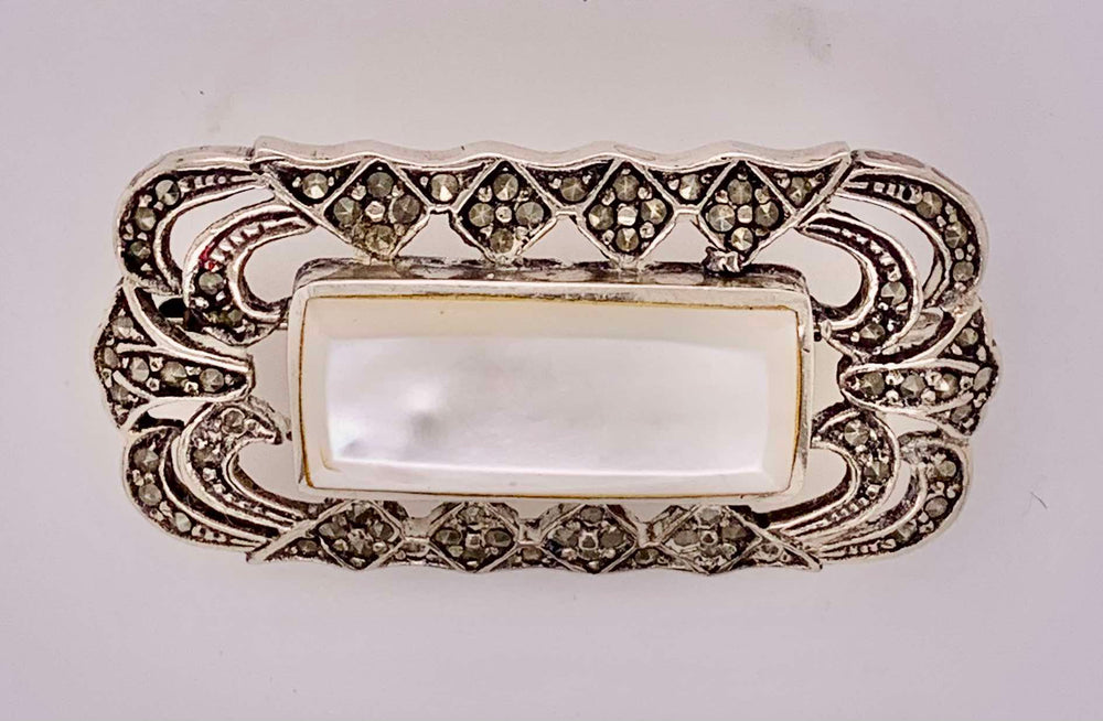Estate Sterling Silver Mother of Pearl and Marcasite Brooch