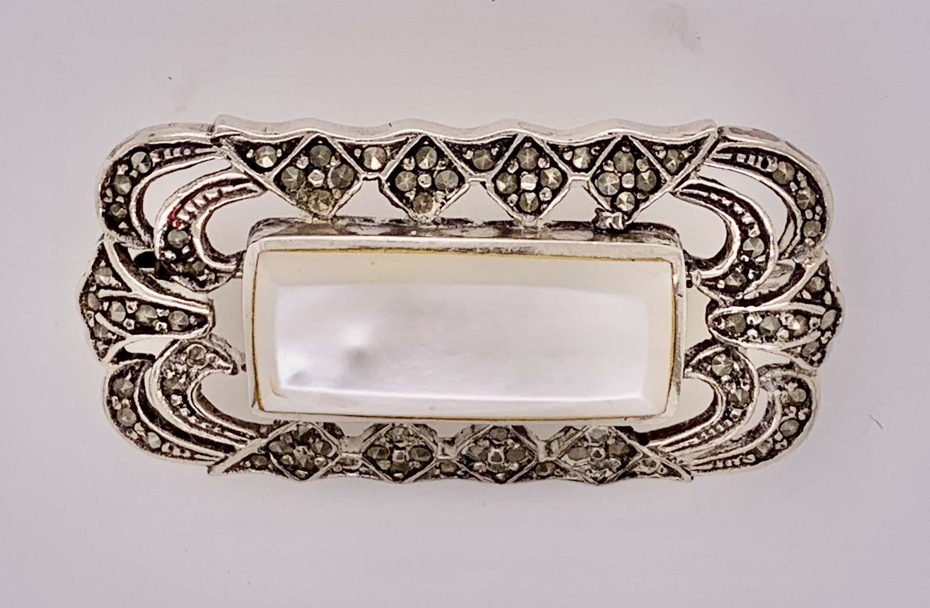Estate Sterling Silver Mother of Pearl and Marcasite Brooch