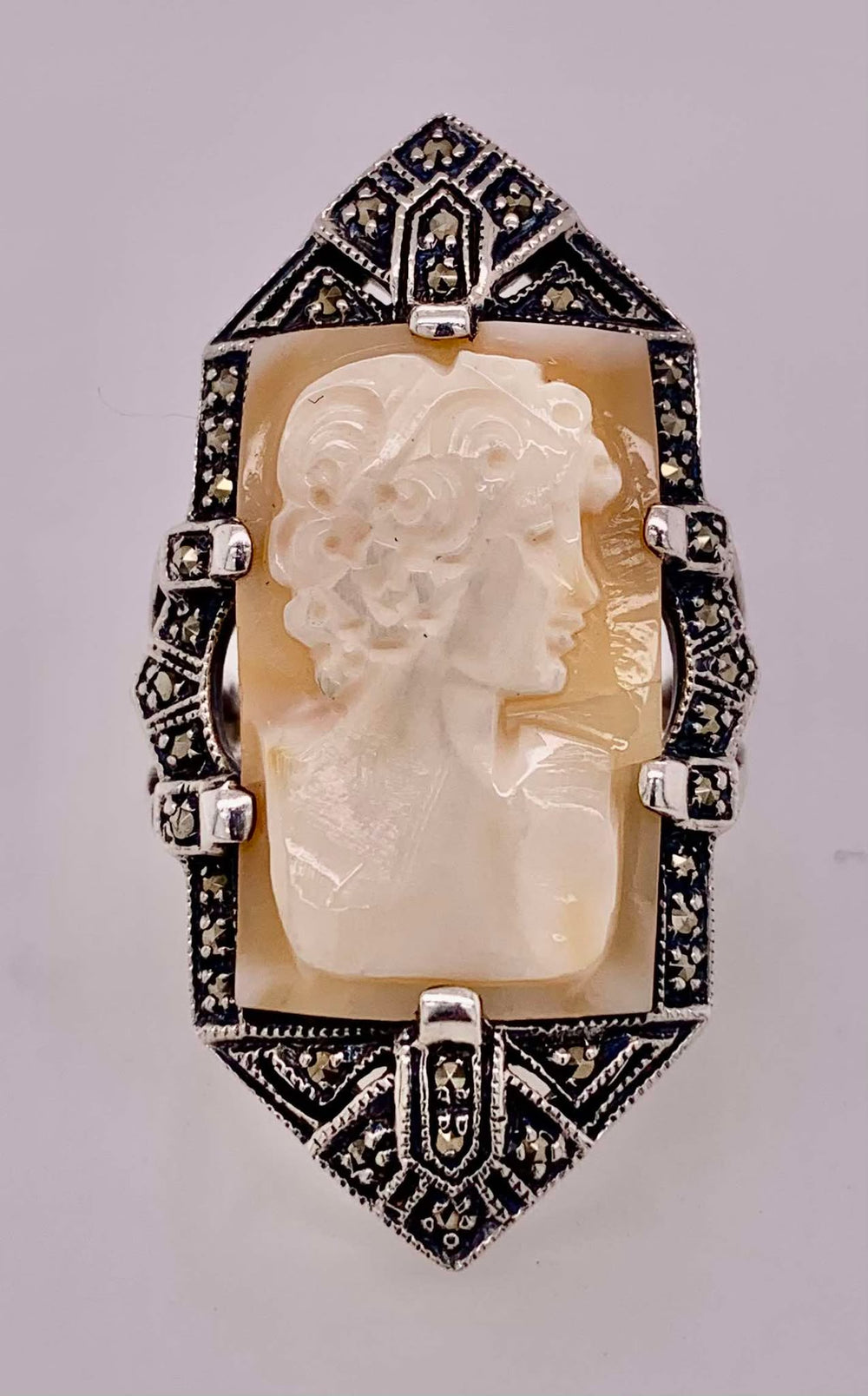 Estate Sterling Silver Faux Cameo and Marcasite Ring