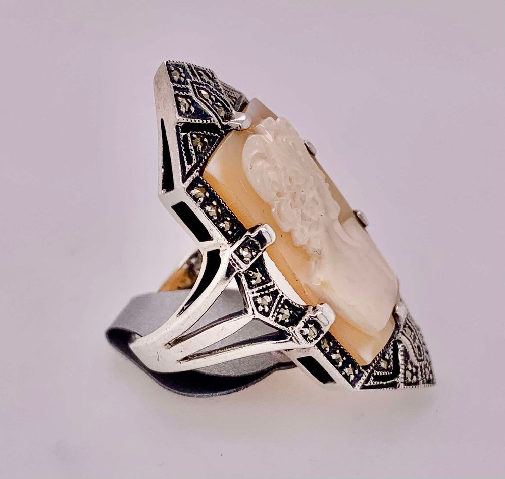 Estate Sterling Silver Faux Cameo and Marcasite Ring