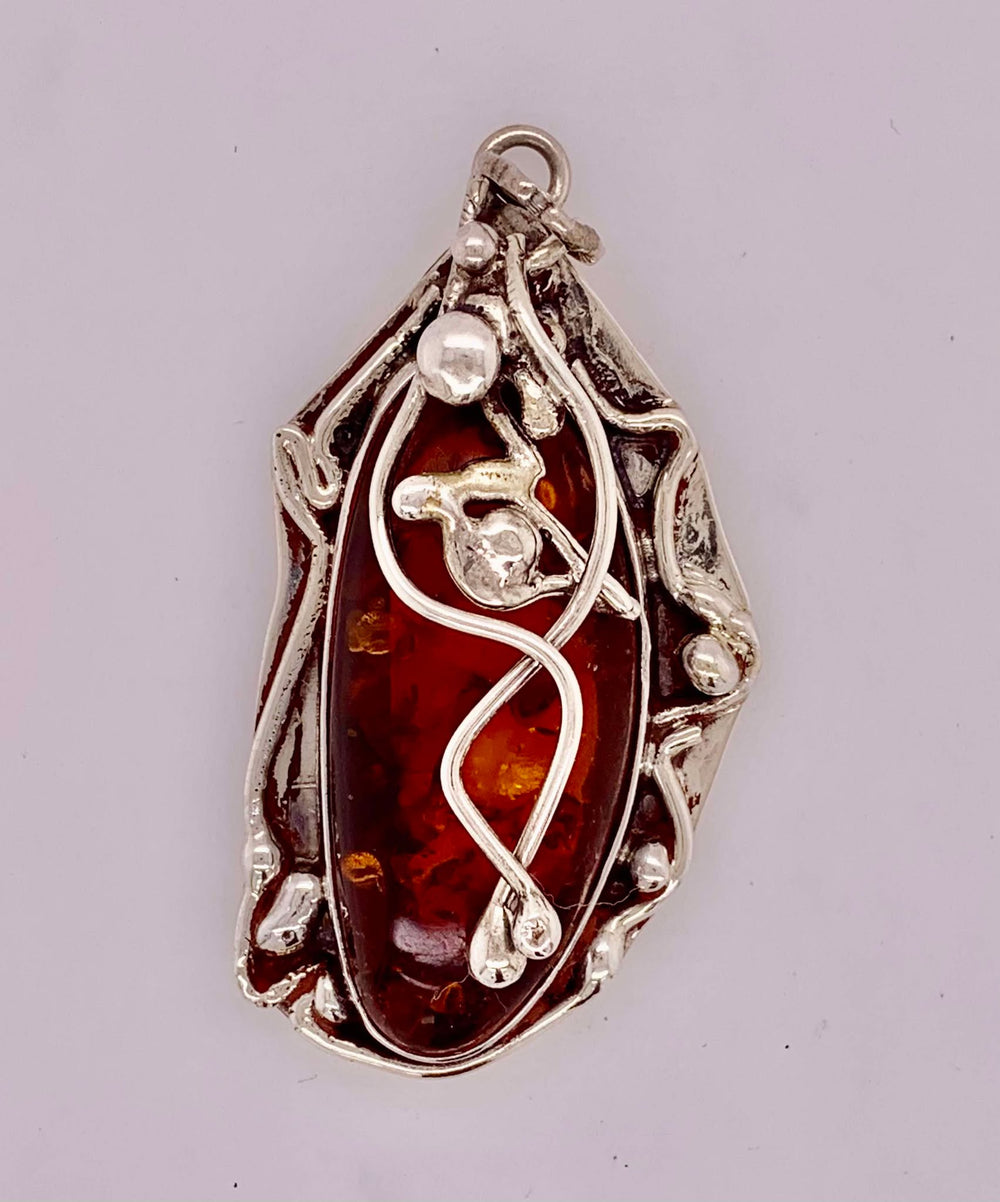 Estate Sterling Silver and Amber Color Stone Pendant