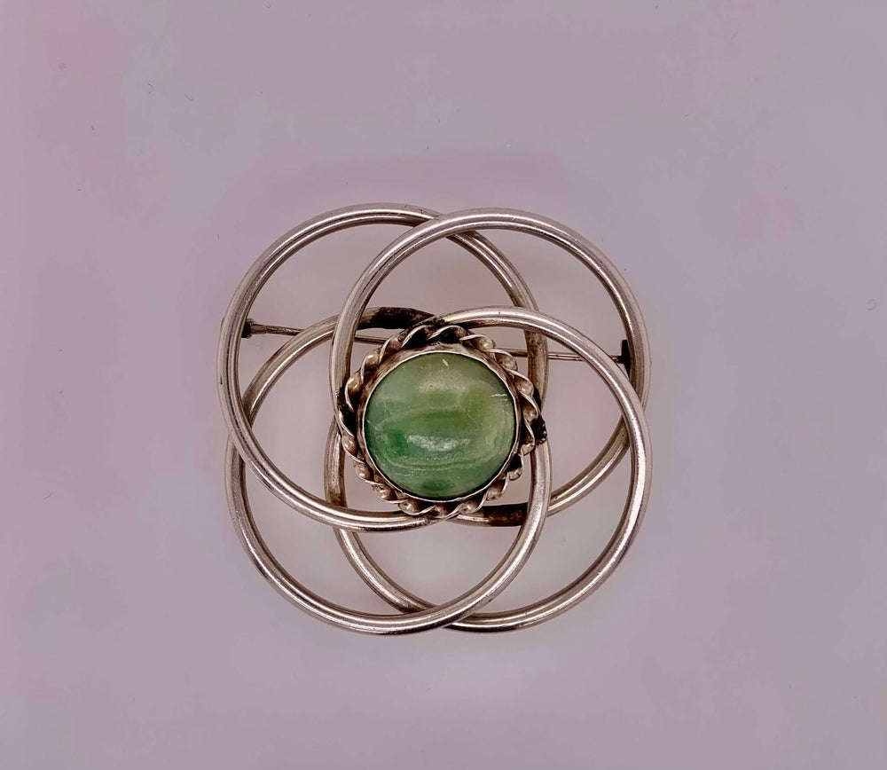 Estate Sterling Silver and Opaque Green Stone Brooch.