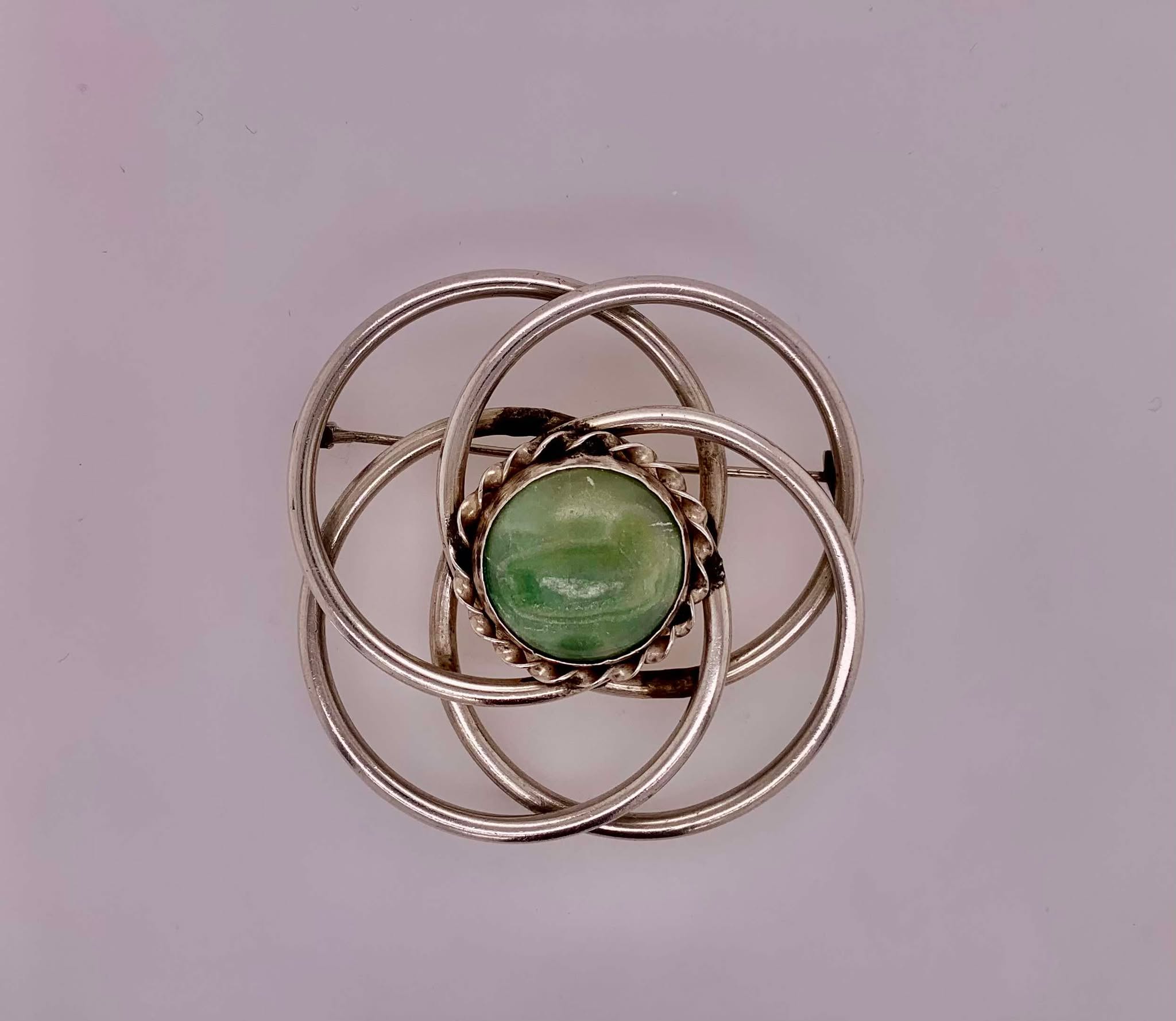 Estate Sterling Silver and Opaque Green Stone Brooch.