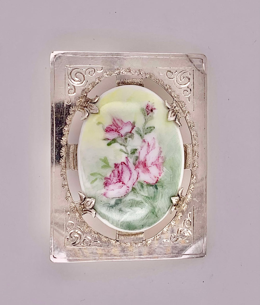 Estate Sterling Silver Porcelain Brooch