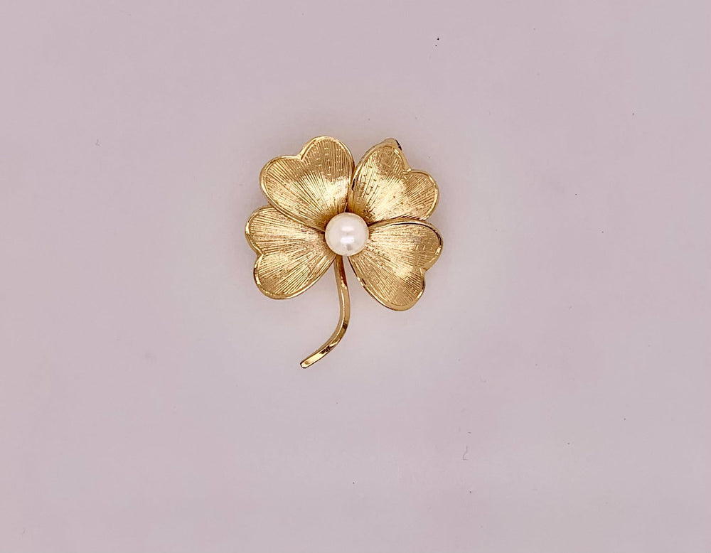 Estate Gold Filled Shamrock Brooch with Center Pearl