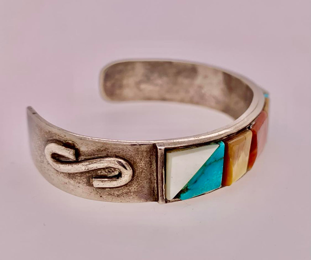 Estate Sterling Silver Inlaid Gemstone Cuff Bracelet