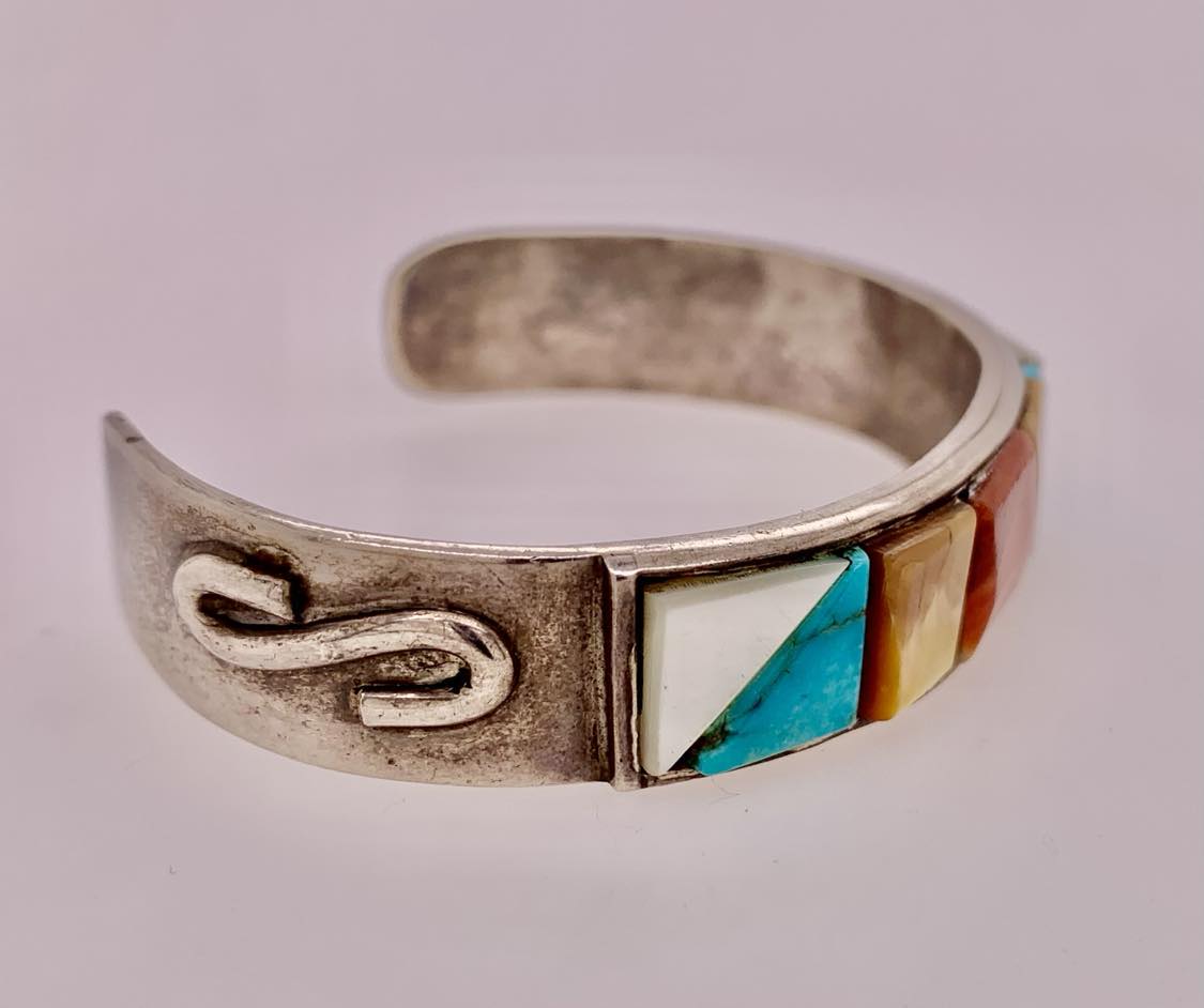 Estate Sterling Silver Inlaid Gemstone Cuff Bracelet