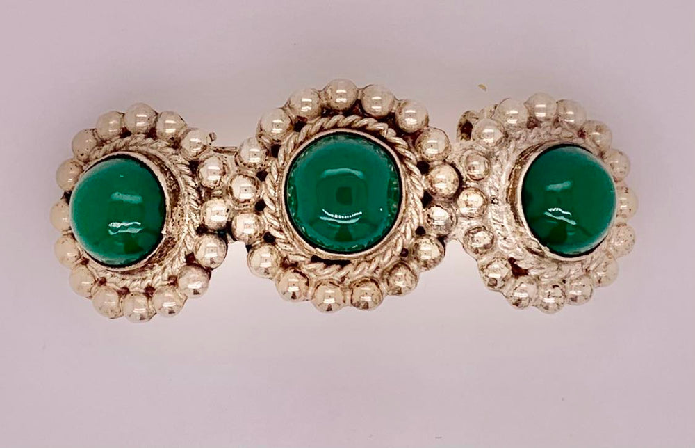 Estate Sterling Silver Taxco Green Stone Brooch
