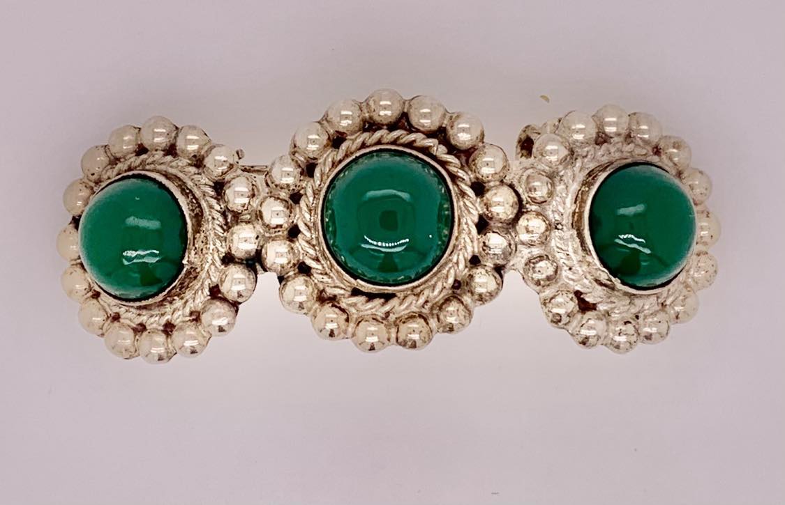 Estate Sterling Silver Taxco Green Stone Brooch