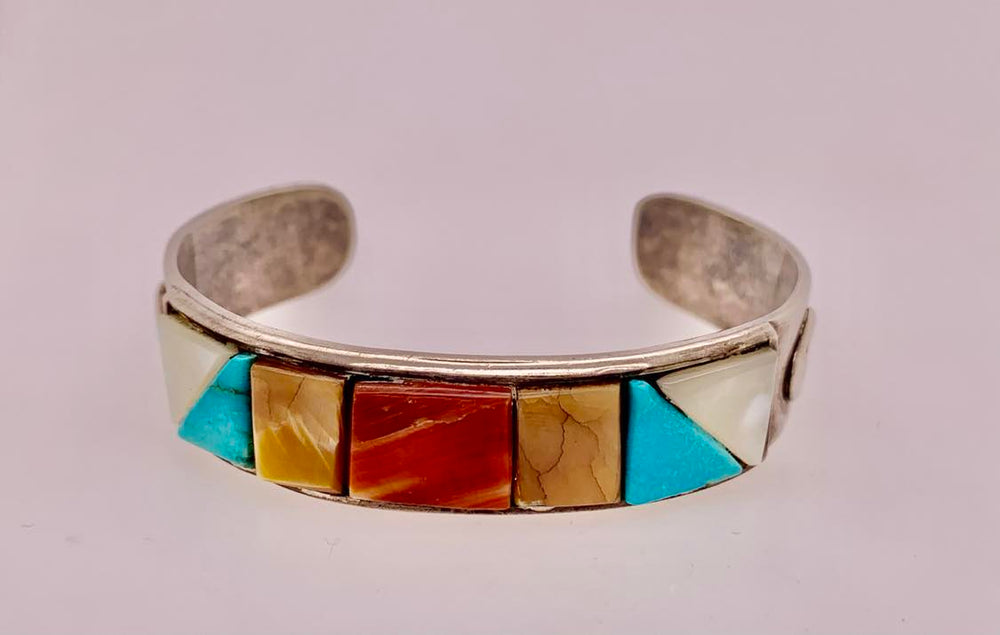 Estate Sterling Silver Inlaid Gemstone Cuff Bracelet