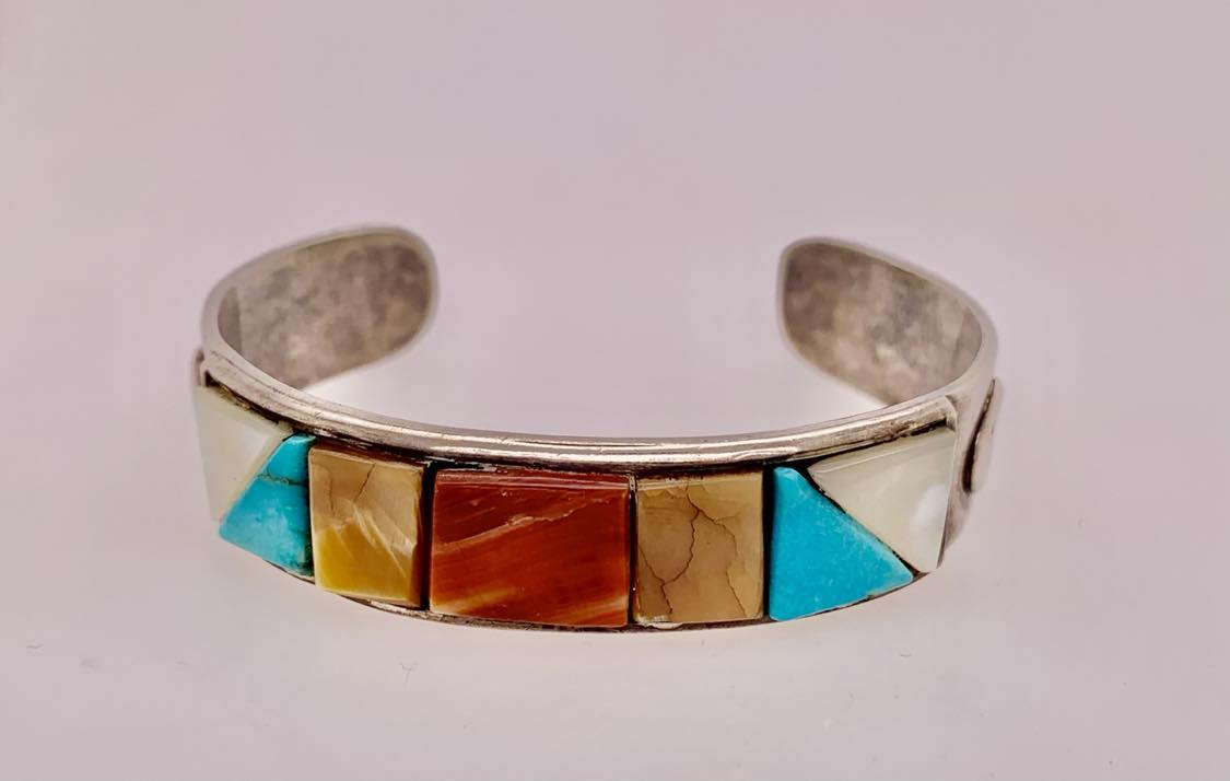 Estate Sterling Silver Inlaid Gemstone Cuff Bracelet