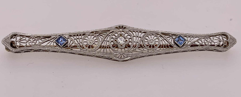 Estate 14K Diamond & Sapphire Bar Pin