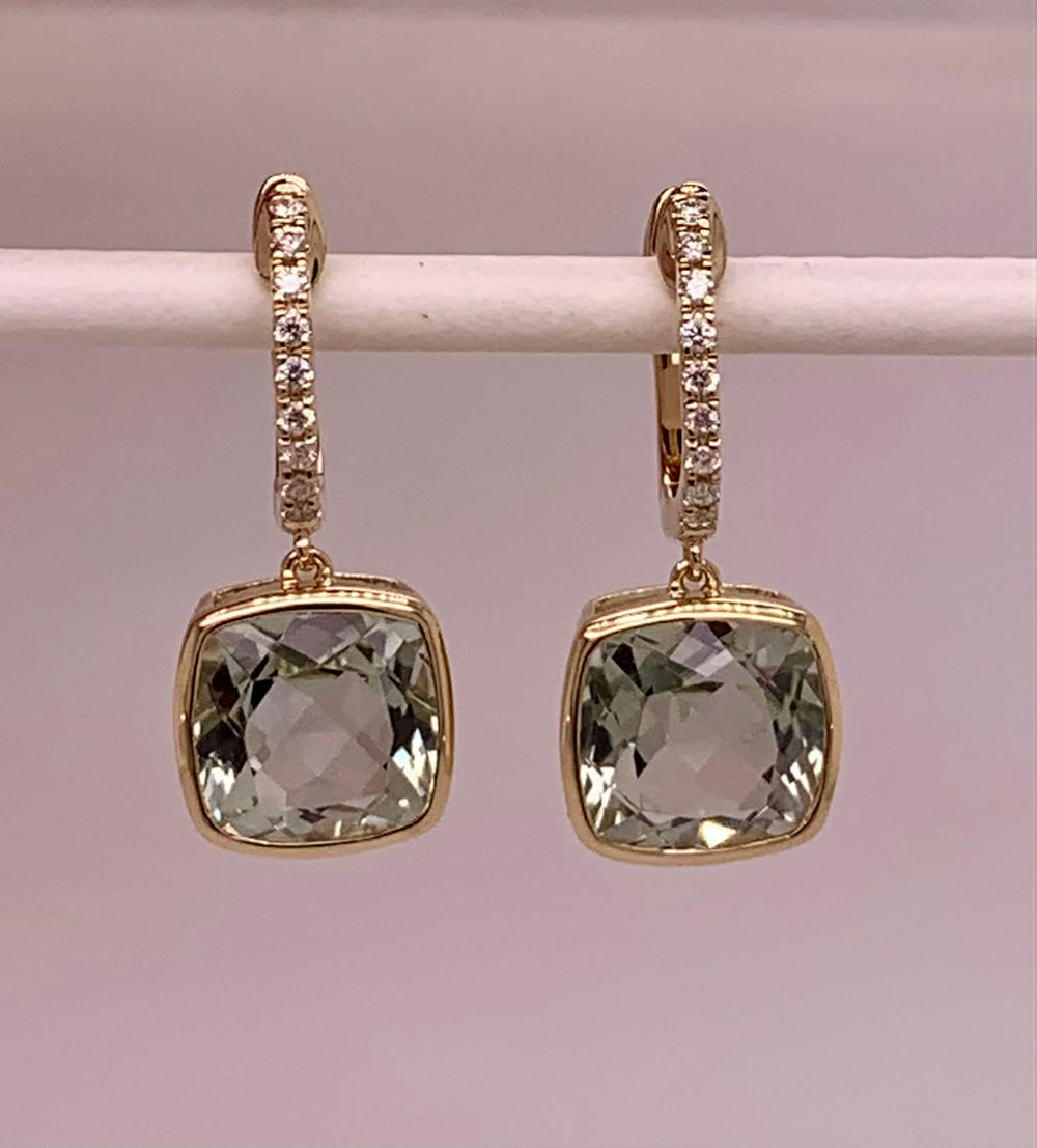 14K Gold Green Amethyst & Diamond Earrings