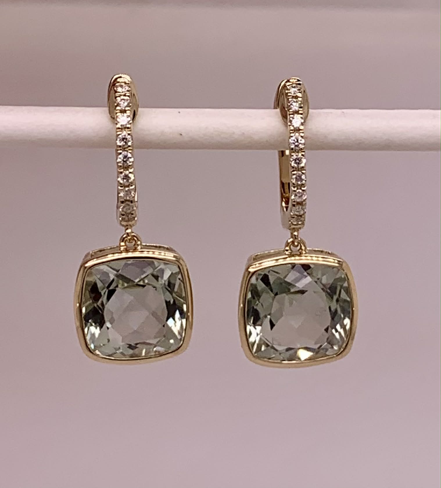 14K Gold Green Amethyst & Diamond Earrings