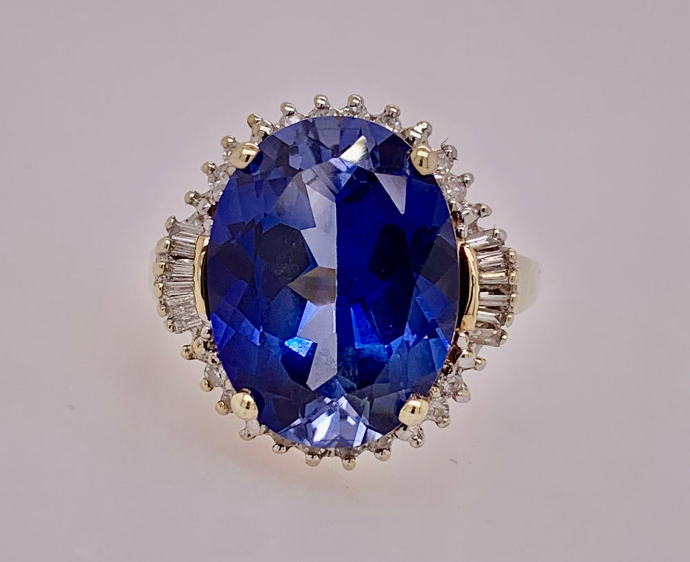 Estate 10K Gold Synthetic Tanzanite & Diamond Ring