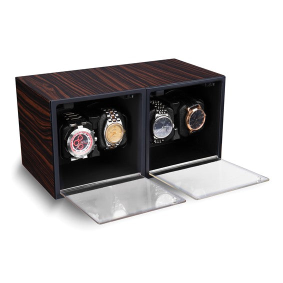 Rotations High Gloss Ebony Finish with Acrylic Windows Wood Composite 4-Watch Winder (AC or Batteries)
