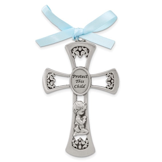 Pewter PROTECT THIS CHILD with Praying Boy and Blue Ribbon Crib Cross