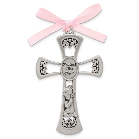Pewter PROTECT THIS CHILD with Praying Girl and Pink Ribbon Crib Cross