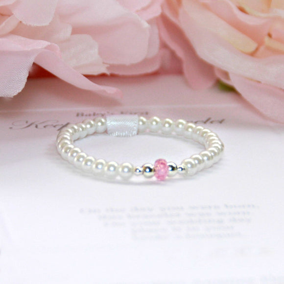 Pearls and Pink Crystal Sterling Infant Bracelet