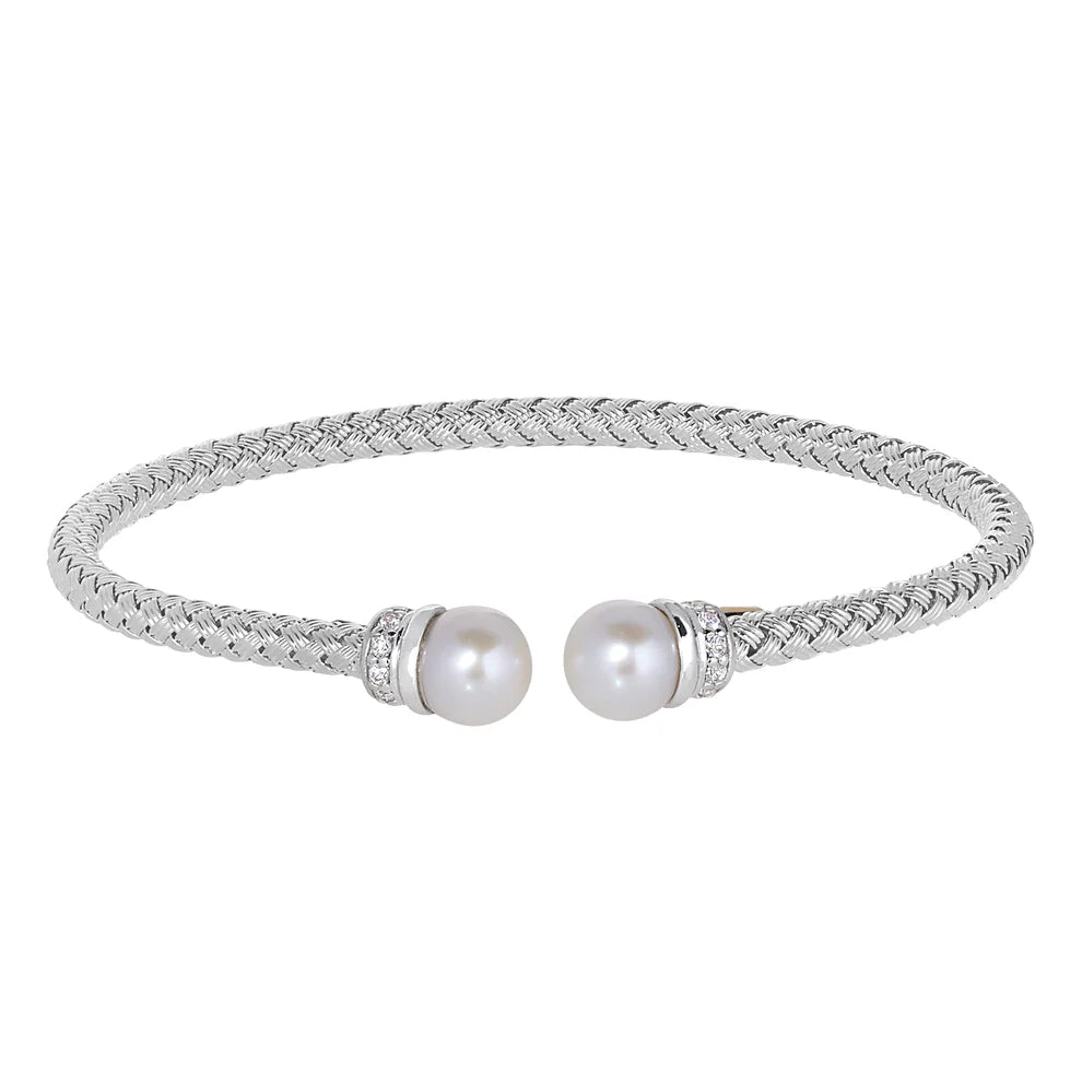 Sterling Silver and Pearl Cable Cuff Bracelet