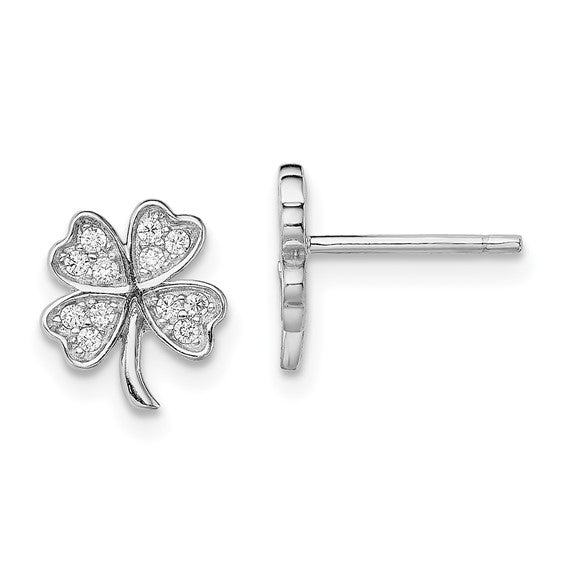 Sterling Silver Rhodium Plated CZ Clover Leaf Earrings