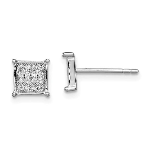 Sterling Silver Rhodium-Plated Polished Pave' CZ Square Earrings