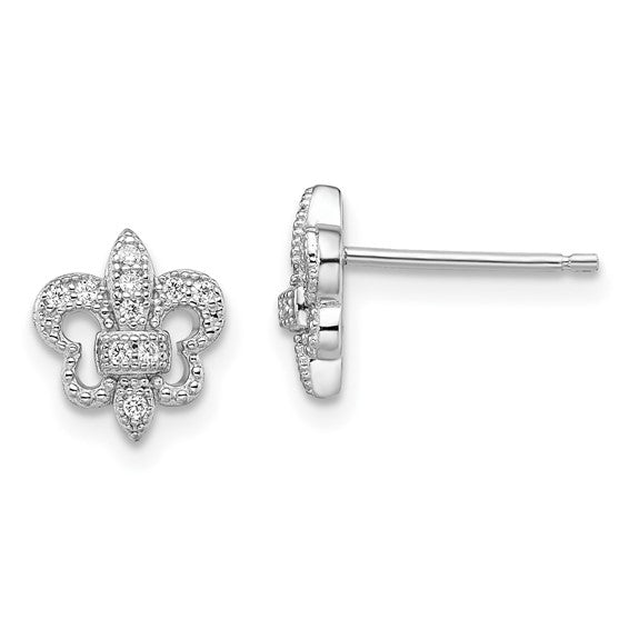 Sterling Silver Rhodium Plated CZ Fleur De Lis Earrings