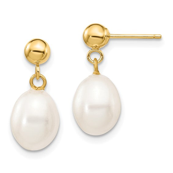14K Rice Freshwater Cultured White Pearl Dangle Post Earrings