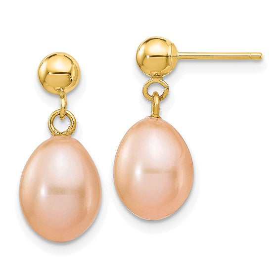 14K Rice Freshwater Cultured Pink Pearl Dangle Post Earrings