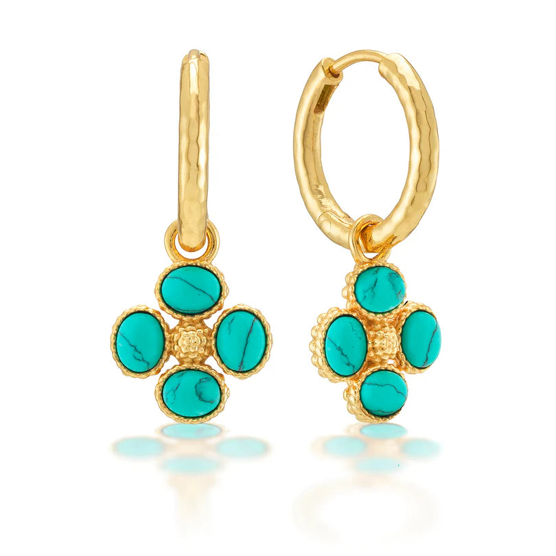 Turquoise Clover Hoop Earrings with Double Sided Charm