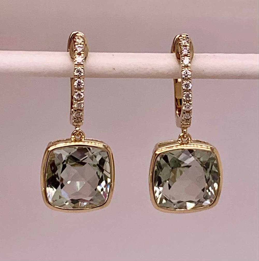 14K Gold Green Amethyst & Diamond Earrings