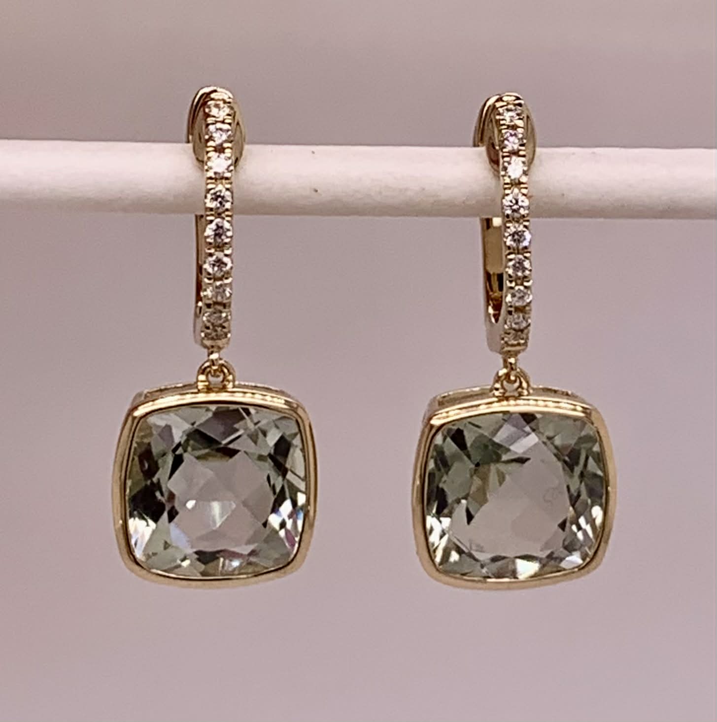 14K Gold Green Amethyst & Diamond Earrings