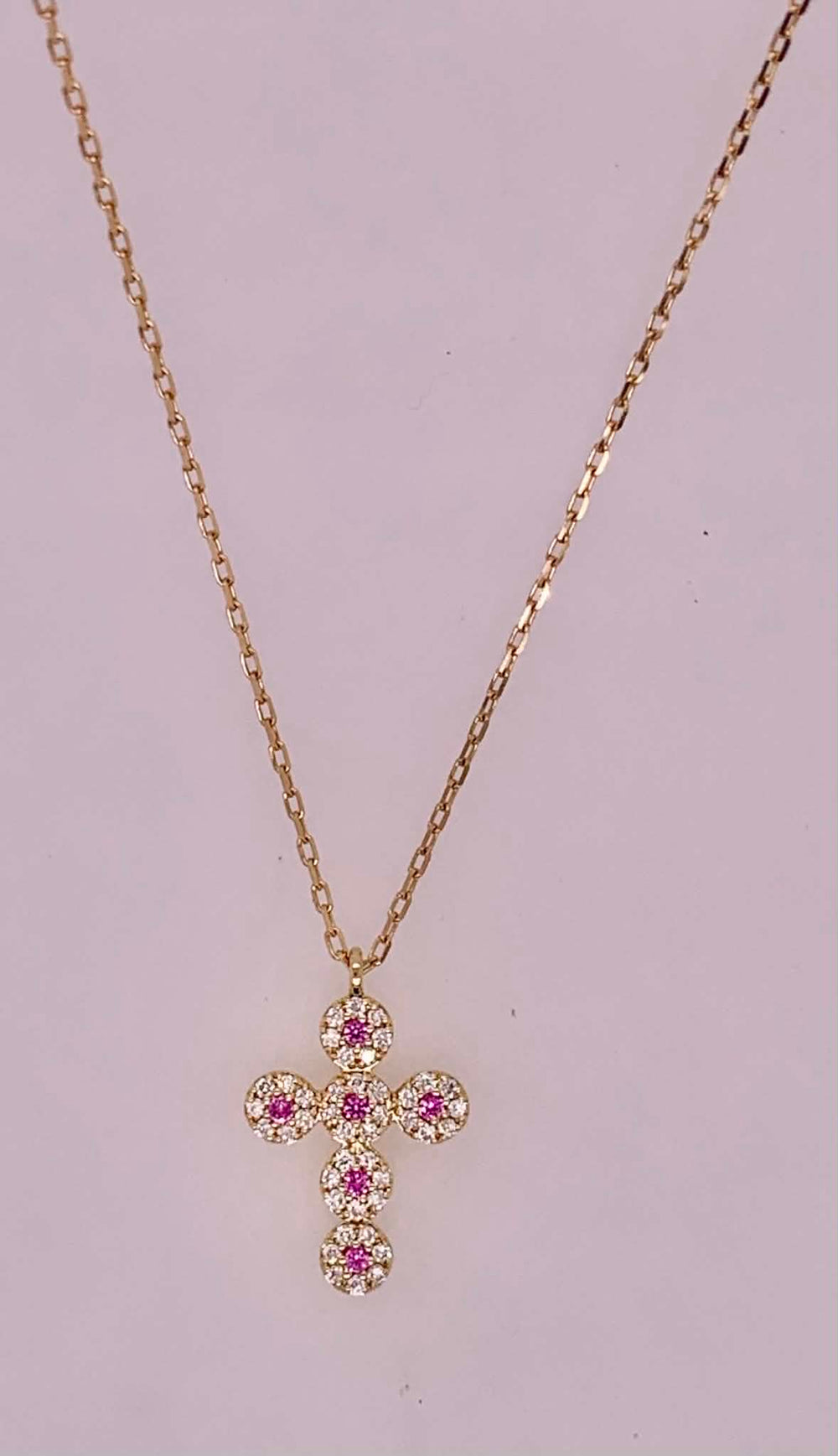 18K Diamond & Pink Sapphire Cross Necklace