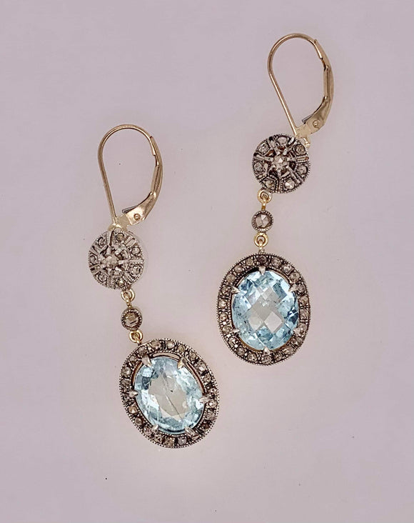 Estate 14K Aquamarine & Diamond Earrings