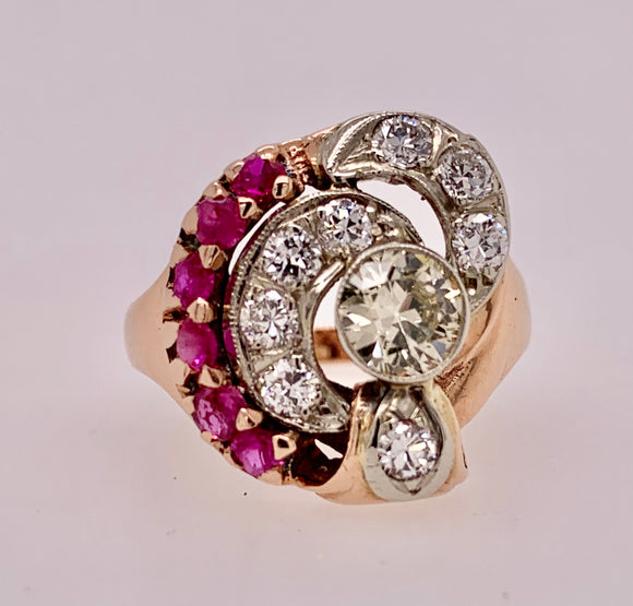 Estate Deco 14K Rose Diamond & Ruby Ring
