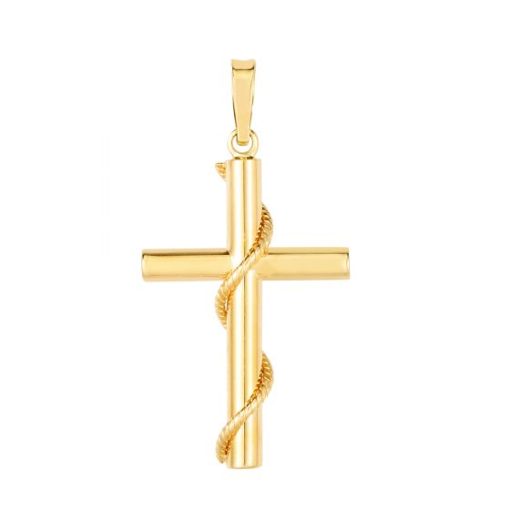 14K Gold Tube Cross with Rope Detail