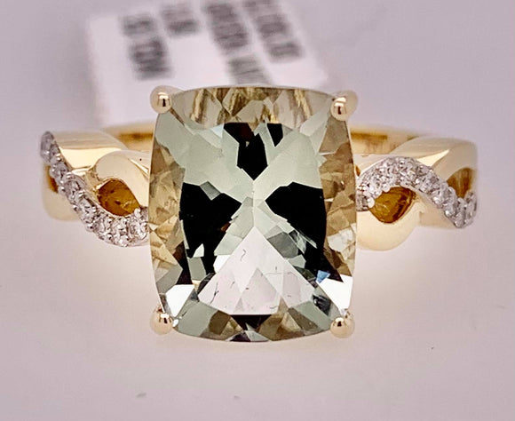 14K Green Amethyst & Diamond Ring