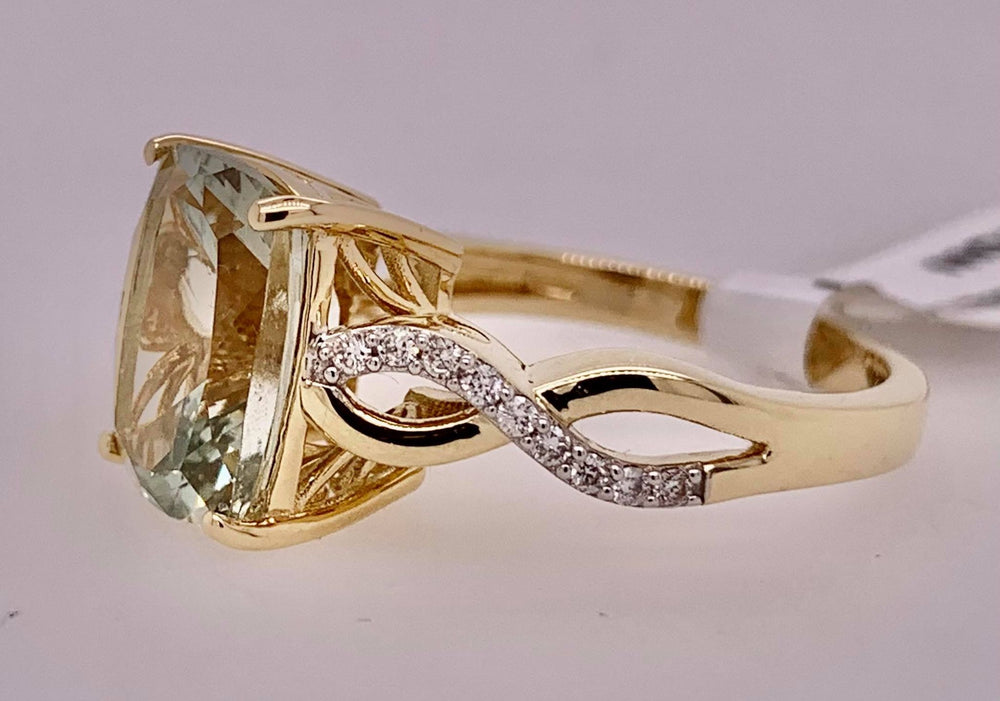 14K Green Amethyst & Diamond Ring