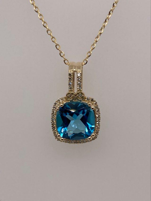 14K Blue Topaz & Diamond Pendant