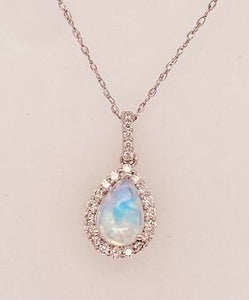 14K White Gold Opal and Diamond Pendant Necklace