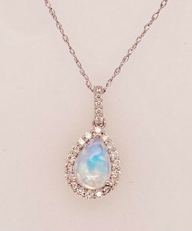 14K White Gold Opal and Diamond Pendant Necklace