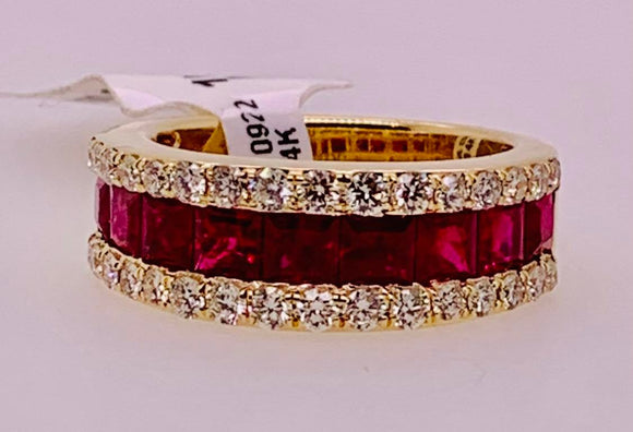 14K Princess Cut Ruby and Round Diamond Ring